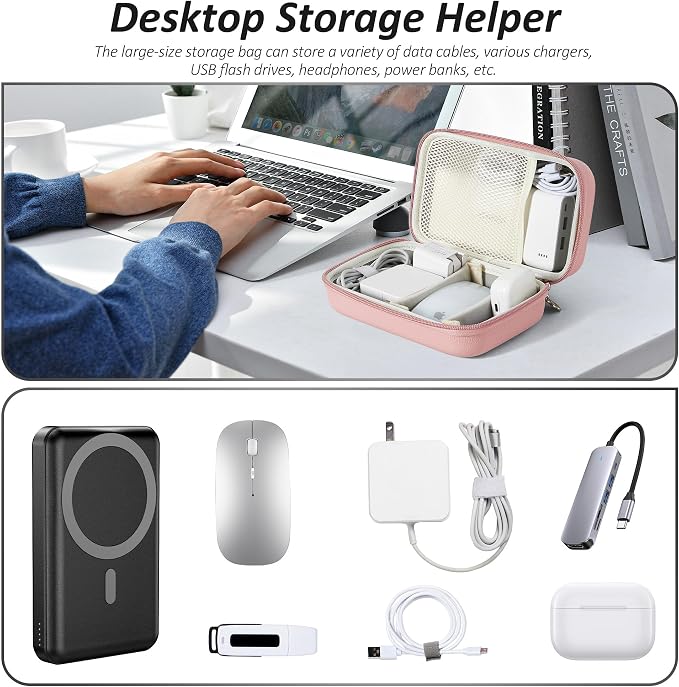 Portable Charger Case, Tech Pouch Travel Organizer, XL, Pink | Hard Shell Electronic Storage for MacBook Power Adapter, Magic Mouse, Charging Cords, Power Bank Laptop Accessories - Image 6