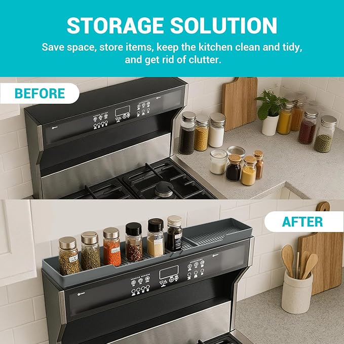 Silicone Over The Stove Shelf, 30 Inch Magnetic Stove Top Organizer - No Drill Space Saving Storage Rack for Spices & Kitchen Utensils, Perfect for Small Kitchen & Apartments (Grey) - Image 3