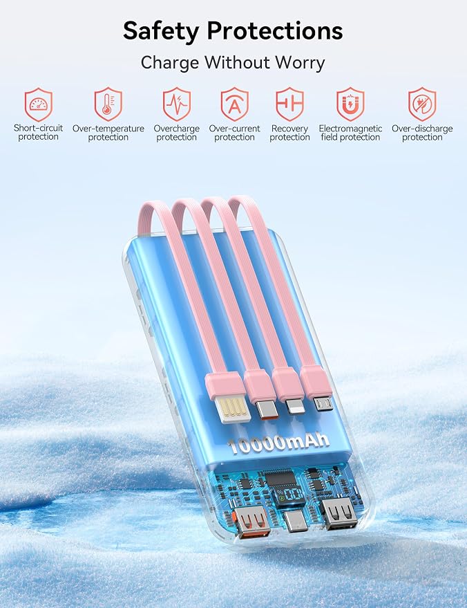 Nusyddy Portable Charger 10000mAh 22.5W w/4 Built-in Cables/6 Outputs Pink | 22.5W Fast Charging, LED Display, Pass Through Charging, Charge 6 Devices at once, TSA Approved, Fits iPhone, iPad, Samsung - Image 8