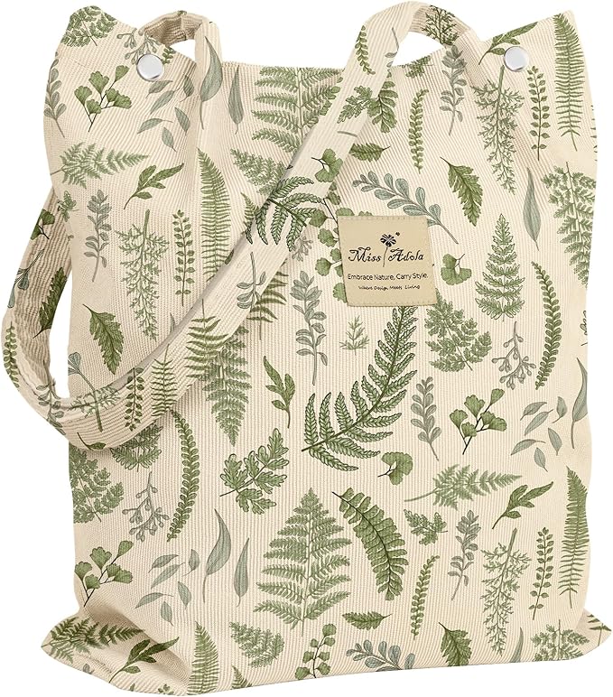 Miss Adola Corduroy Tote Bag for Women with Aesthetic Design | Magnetic Buckle & Pocket, Reusable, Soft, Roomy, Long Shoulder Handles, Double-sided Print, Casual Daily Work, Grocery Bags by MissAdola