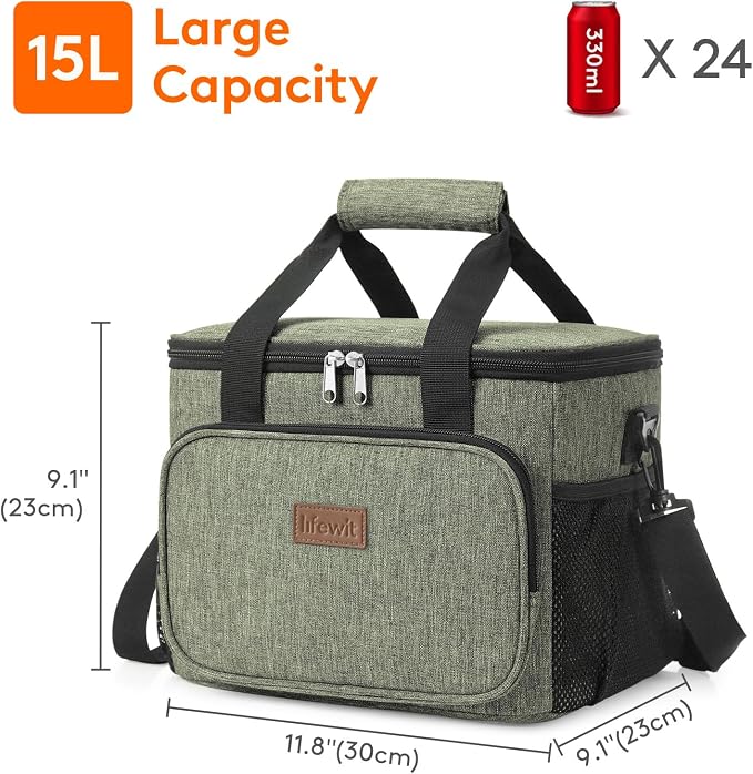 Lifewit Large Lunch Bag, Insulated Lunch Box, Soft Cooler Cooling Tote for Adult Men Women, Dark Green 24-Can (15L) - Image 4