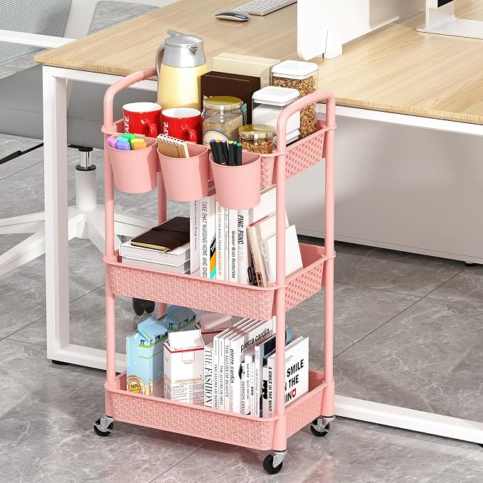 MOYIPIN 3-Tier Plastic Rolling Utility Cart with Handle,Pink | Utility Storage Cart for Office, Living Room, Kitchen,Movable Storage Organizer，Easy installation，Rattan-like art design - Image 4