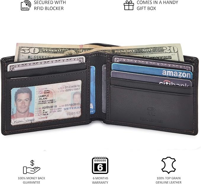 Real Leather Mens Bifold Wallet RFID Blocking Slim Minimalist Front Pocket - Thin & Stylish with ID Window in Gift Box (Nappa, Dark Chocolate) - Image 5