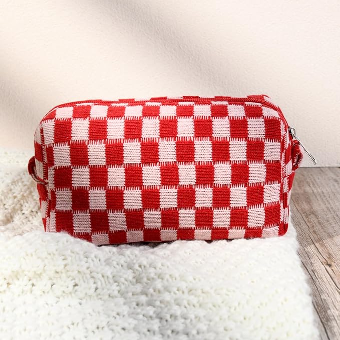 SOIDRAM 2 Pcs Checkered Makeup Bag Large Cosmetic Bag Toiletry Bag Makeup Pouch Travel Bag Organizer Cute Makeup Brushes Aesthetic Accessories Storage Bag for Women Red - Image 6