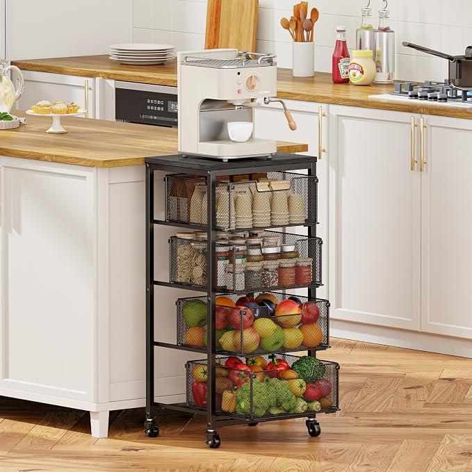 4-Tier Fruit Vegetable Storage Cart - Kitchen Organizer and Storage Cart with Wheels, Wooden Top Metal Wire Fruit Vegetable Rack Stand with Drawers to Storage Cans Snacks for Kitchen(Patent Pending) by FollowWithYociyogaTogether