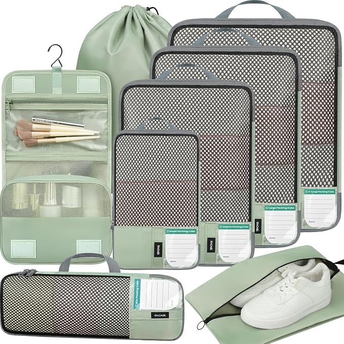 BAGAIL 4 Set/6 Set/8 Set Compression Packing Cubes Travel Accessories Expandable Packing Organizers(HalfMesh, 8-MatchaGreen) by BAGAIL