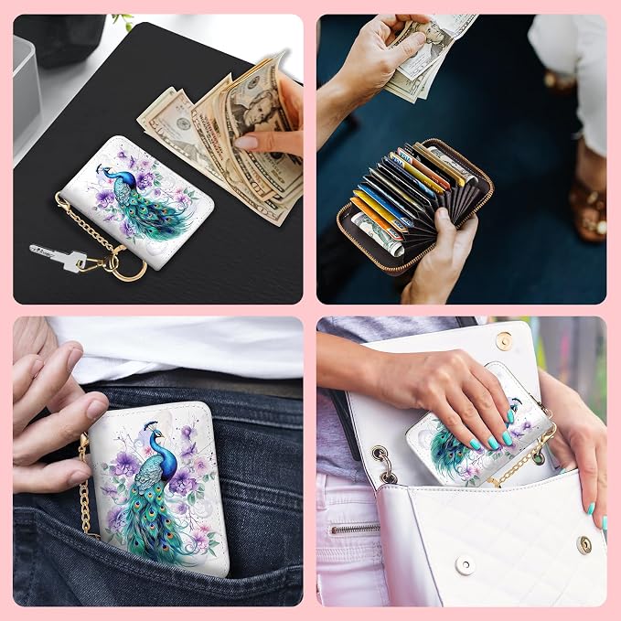 Blusabaca RFID Credit Card Holder Small Women Travel Wallet, Peacock | Removable Keychain, Case with Zipper, Vegan PU Leather, Cash Coin Pocket, Business Accordion Purse, Ladies Female Gift - Image 3