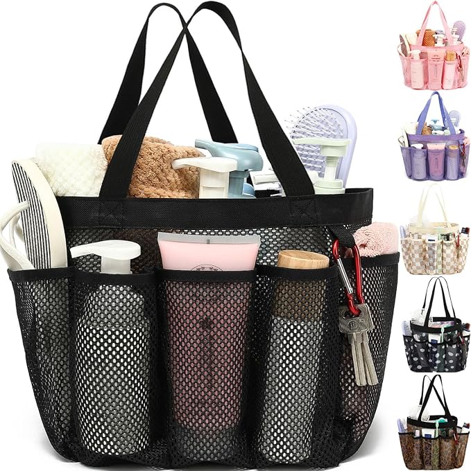 Fammart Mesh Shower Caddy Portable for College Dorm Room Essentials, Odorless Polyester Large Shower Tote Bag with Dual Handles, 8-Pocket Quick-Dry Toiletry Organizer for Travel, Beach, Camping, Gym by Fammart