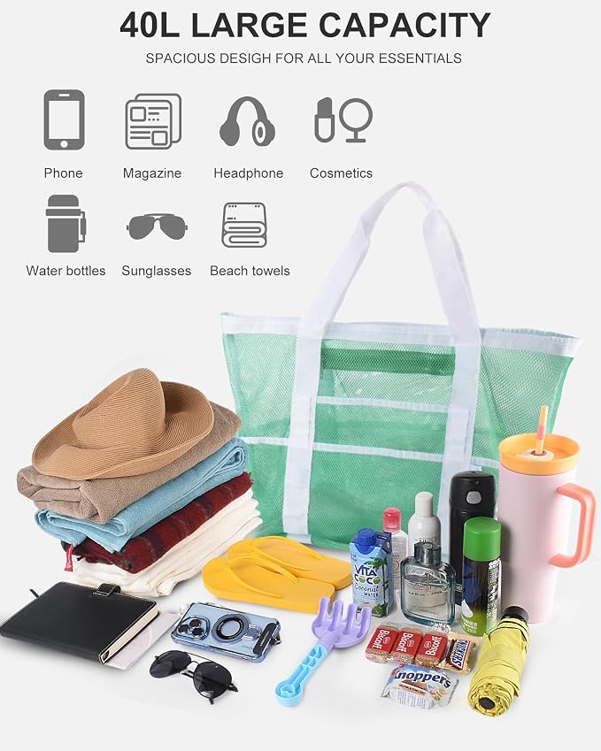 Genteen 40L Mesh Beach Bag, Foldable Sandproof Tote with Waterproof Pocket Quick Dry for Women Family Pool Vacation - Image 7