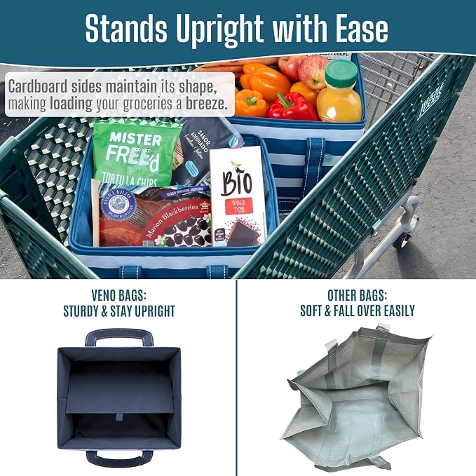 VENO 3 Pack Reusable Grocery Shopping Bags Utility Tote w/Sturdy Handles | Heavy Duty Storage Box with Hard Bottom, Foldable Picnic Basket for Groceries Shopping Cart(Classic Navy Stripe, 6 Gallon) - Image 8