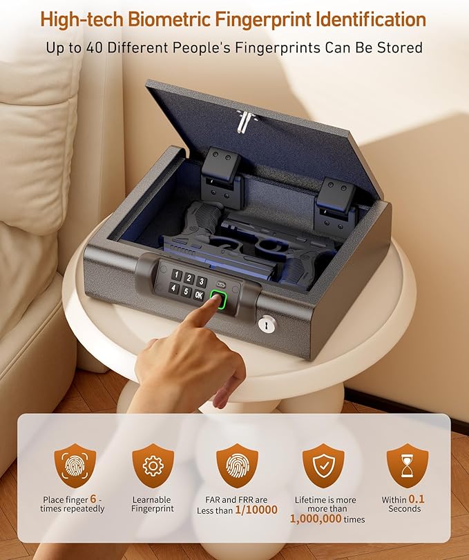 BILLCONCH Gun Safe,Biometric Fingerprint Gun Safe for Handgun Pistol Safes | Fingerprint PIN Key Unlock, Interior Light and USB Charging Lock box with Silent Mode for Bedroom Nightstand - Image 3