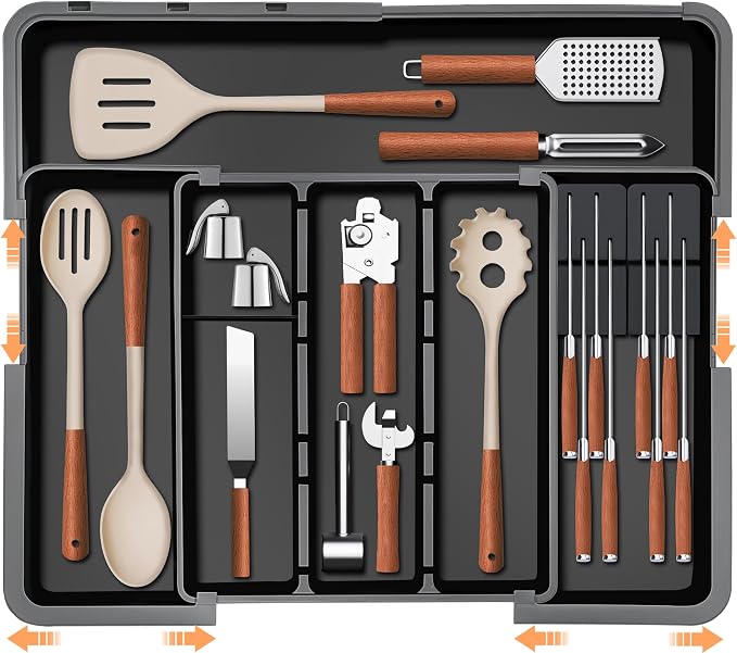 Large Utensil Drawer Organizer for Kitchen, Expandable Silverware Organizer Utensil Holder, Cutlery and Flatware Cooking Tray, Kitchen Drawer Organizers and Storage with Removable Knife Block, Black by HOMECOR