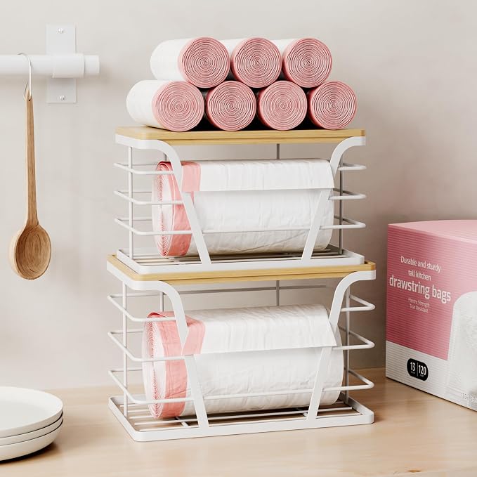 TIDIIABODE 2 Pack Stackable Laundry Room Organization and Storage, Laundry Room Decor and Accessories, Trash Bag Holder with Bamboo Top and Garbage Bag Dispenser, White - Image 3