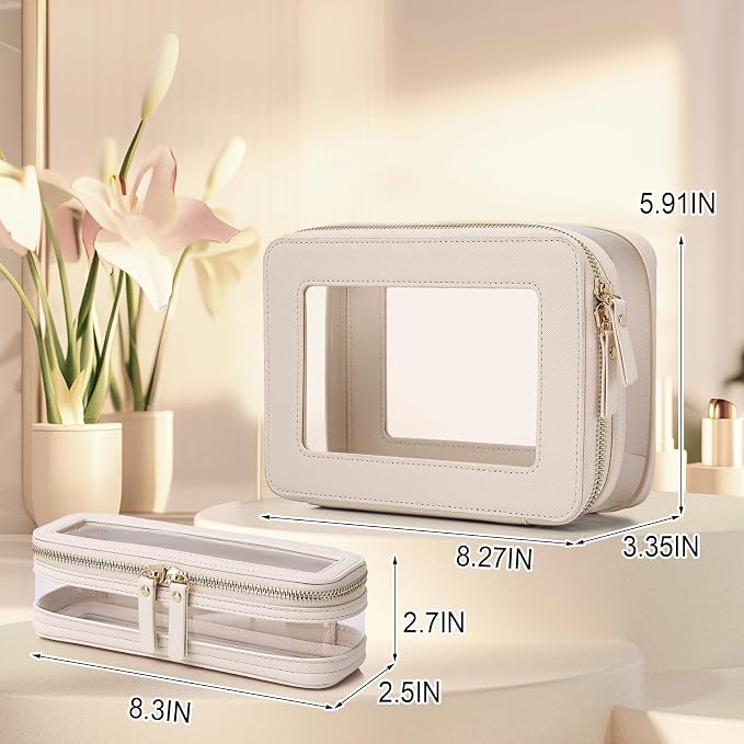 Pinkmik Clear Makeup Bag with Brush Case, (Beige, M+SLIM-1) | 2PC,Travel Toiletry Bag, Waterproof, Cosmetic Organizer, Car Essentials for Women - Image 4