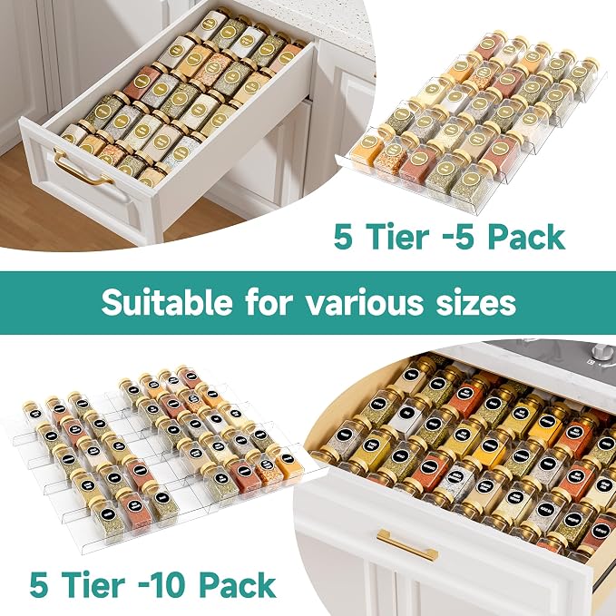 MIUKAA Acrylic Spice Drawer Organizer, 5 Tier - 10 Pack Seasoning Organizer for Drawer, Expandable From 13" to 26" Kitchen Drawer Spice Rack (Jars not Included) - Image 4
