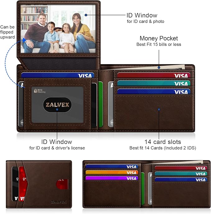 Wallet for Men Slim RFID Blocking Leather Credit Card Holder Wallet for 14 Cards, Bifold Minimalist Thin Wallet with 2 ID Windows & Cash Slot, Front Pockt Carteras Para Hombres, Birthday Gifts for Men | 14 Cards Bifold Minimalist Thin Wallet with 2 ID ... - Image 2