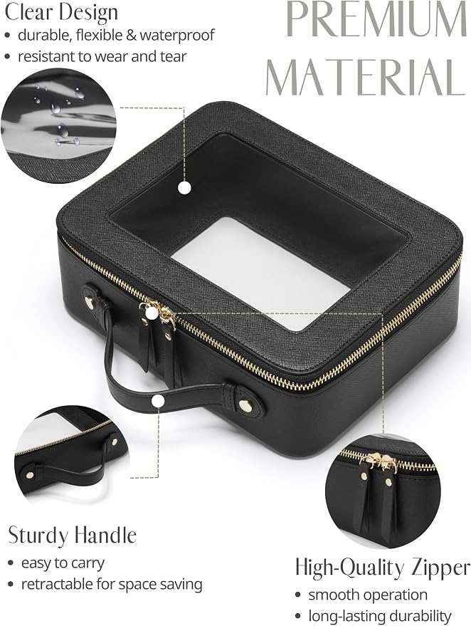 Large Capacity Clear Toiletry Bag for Women Travel Makeup Bag Black | Structured Mahjong Tile Bag with Zipper and Handle, Big Long-trip Cosmetic Case, Waterproof PU Leather, Wide Open Portable - Image 2