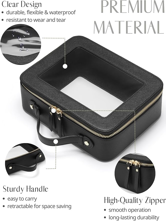 Clear Toiletry Bag 2 Pack, Travel Makeup Bag Medium and Large Black | Structured Clear Cosmetic Case with Zipper, Car Essential Organizer Bag for Women, Waterproof PU Leather, Wide Open Portable - Image 5