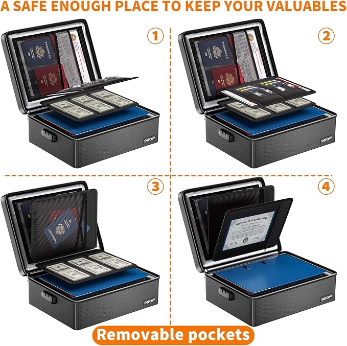 ENGPOW Fireproof Document Box with Lock & Heat-Resistant Fireproof Zipper | 6400°F 12-Layer Fire Protection,Hard Case File Organizer with Multi-Pocket,Portable Home Safe Storage for Money,Jewelry - Image 8