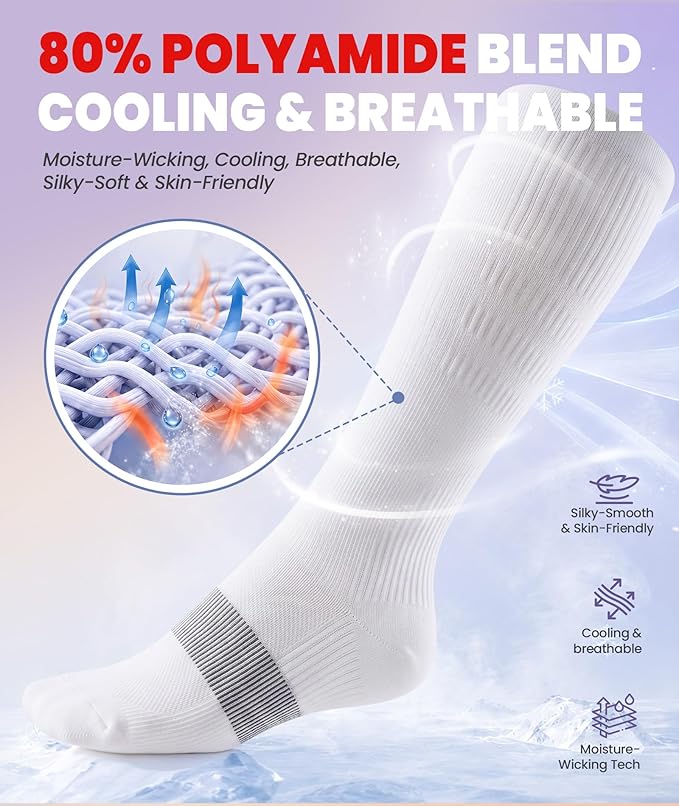 PULIOU Cooling Compression Socks for Women Men, 20-30 mmHg Circulation Knee High for Travel, Flying, Running, 2 Pairs - Image 3