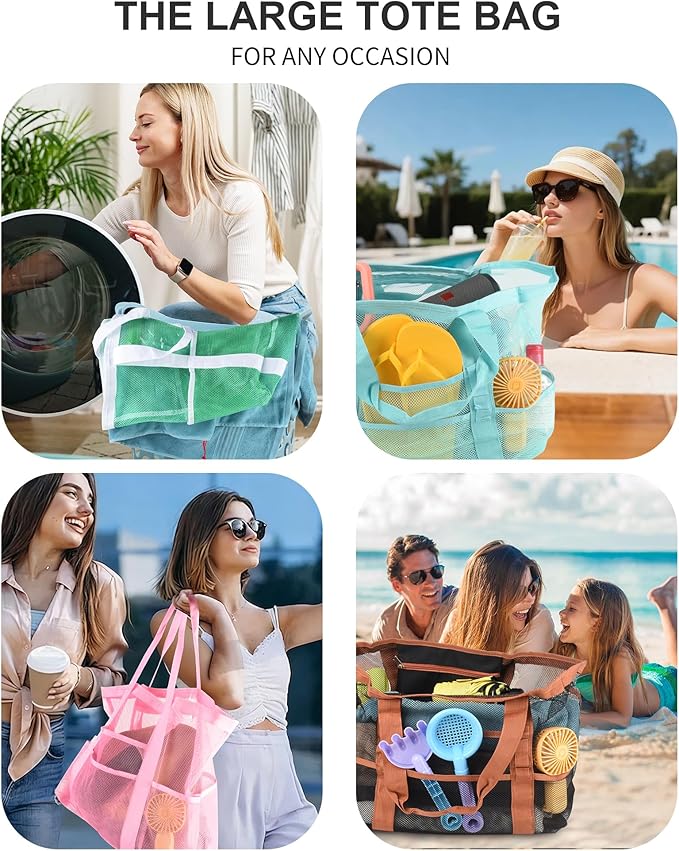 Genteen 40L Mesh Beach Bag, Foldable Sandproof Tote with Waterproof Pocket Quick Dry for Women Family Pool Vacation - Image 2