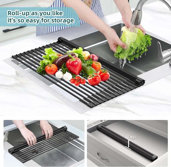 Ohuhu Over The Sink Dish Drying Rack, 20.5" W x 13.1" L Rolling Dish Drainer Foldable Sink Accessories Heat-Resistant Mat Anti-Slip Silicone Coated Dish Racks for Kitchen Counter - Image 7