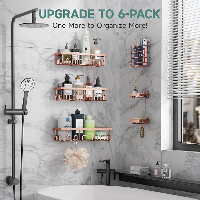 Veken Shower Caddy 6-Pack, No Drilling & Rustproof, Waterproof Adhesive Shelves Rack with Soap Holder, Large Capacity Bathroom Organizers and Storage, Wall-Mounted Kitchen & Home Decor, Rose Gold - Image 6