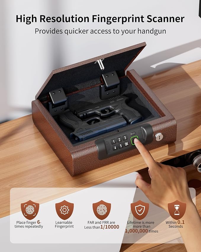 BILLCONCH Gun Safe,Biometric Fingerprint Gun Safe for Handgun Pistol Safes | Fingerprint PIN Key Unlock, Interior Light and USB Charging Lock box with Silent Mode for Bedroom Nightstand - Image 3