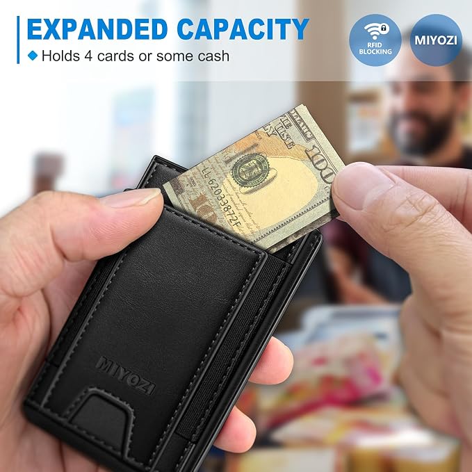 Wallet for Men, Slim Pop Up Card Holder - RFID Blocking Minimalist Bifold Wallet with ID Window, Holds 9-11 Cards & Stretchable Strap, Metal Flip Case with Magnetic Closure, Gift Box - Image 5