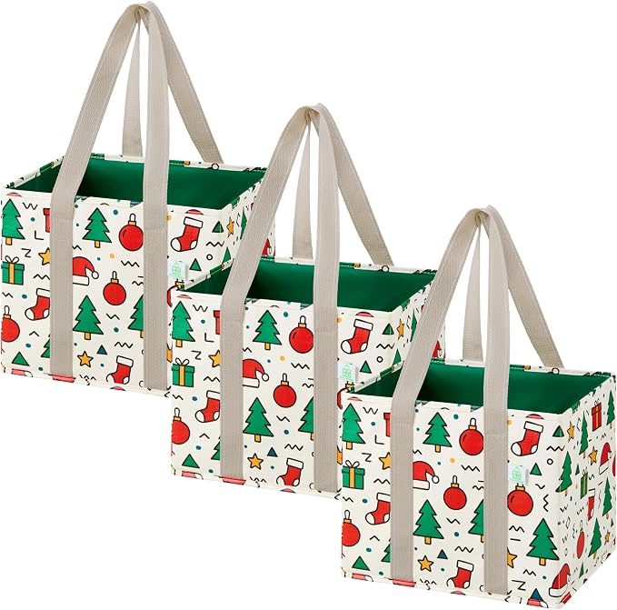 VENO 3 Pack Heavy Duty Reusable Grocery Shopping Bags Utility Tote | Water Resistant, Storage Box with Sturdy Handles & Hard Bottom, Foldable for Groceries Shopping Cart(Jingle Mix, 6 Gallon) by Veno