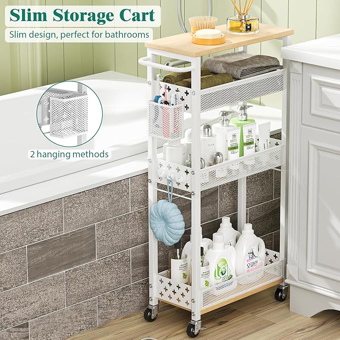 XYZLVSI Slim Rolling Storage Cart, 4 Tier Narrow Shelf for Small Spaces | Skinny rolling cart 14.4" bottom shelf, wire basket, hooks, ideal for kitchen/bathroom/dorm, between washer and dryer storage - Image 2