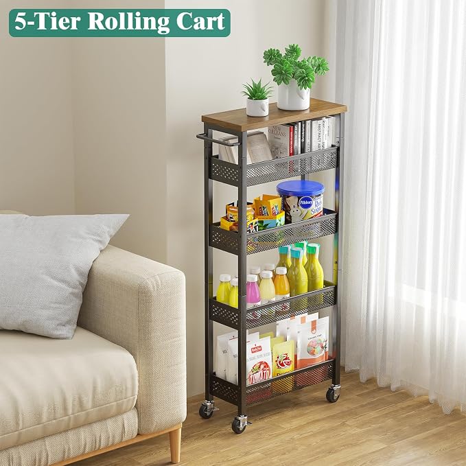 Slim Storage Cart 5 Tier Narrow Kitchen Rolling Cart on Wheels for Small Space, Metal Utility Cart Narrow Bathroom Storage Cabinet Mobile Shelf Unit Organizer with Wood Top and Handle, Black - Image 7