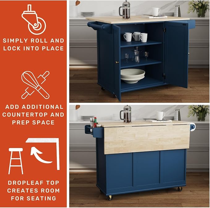 Homestyles Mobile Kitchen Island Cart with Wood Top and Dropleaf Breakfast Bar, Blue - Image 3