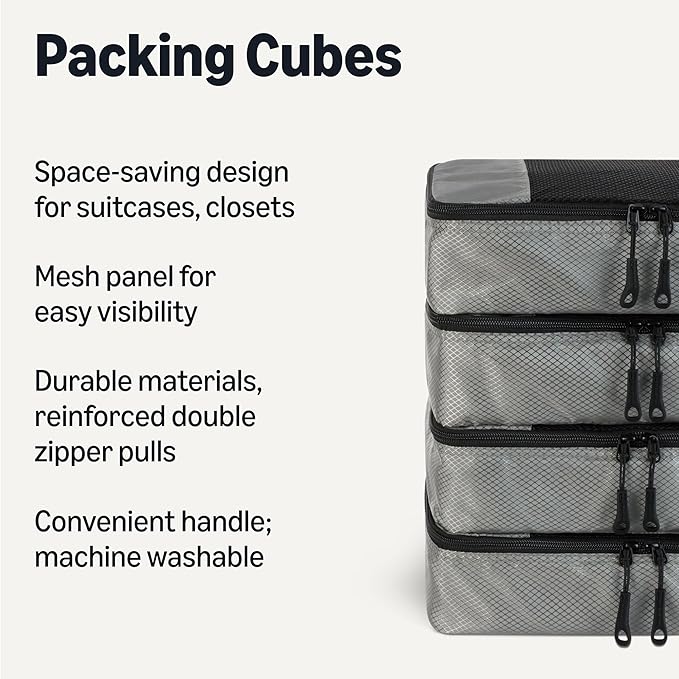 Amazon Essentials 4-Piece Packing Cubes Travel Accessories Set, Space-Saving Luggage Organizer with Double Zipper, Mesh Top, Small, Gray (Previously Amazon Basics) - Image 2