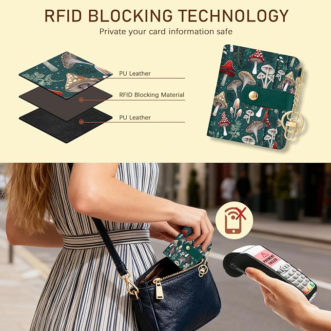 Jogjam Mushroom Green Rfid Women Wallet, Small Slim Thin Credit Card Holder | PU Leather Bifold Cash Zipper Coin Pocket ID Window, for Female Ladies Teen Girls Girly Gifts - Image 3