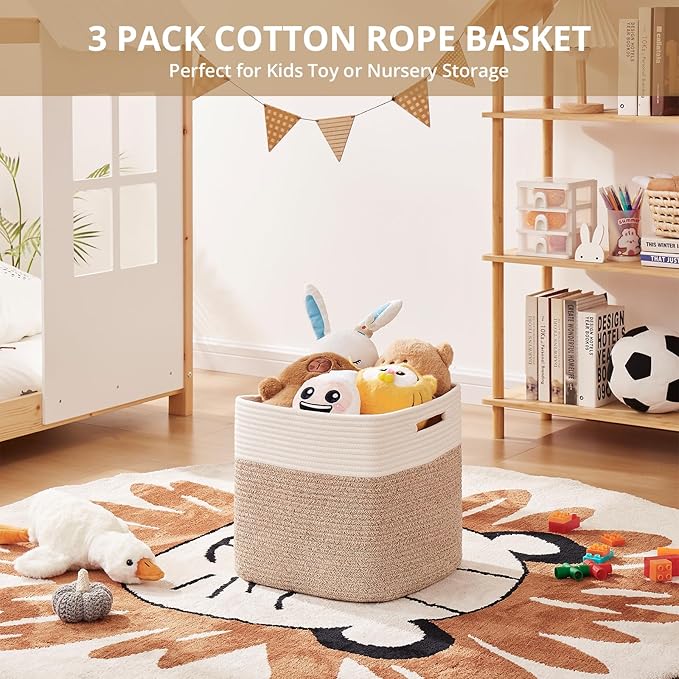 OIAHOMY 13 Inch Cube Storage Bins, 3-Pack Cotton Rope Woven Baskets for Organizing, Insert Storage Baskets for Shelves, Baby Nursery, Closet Organizer, 13 * 13 * 12.6IN, Brown & White - Image 4