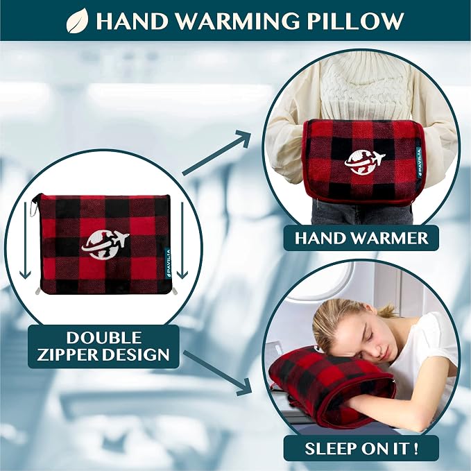 PAVILIA Travel Blanket and Pillow, Arms Opening Airplane Blankets for Adults, Compact Plane Blanket with Arm Hole 2-in-1 Bag for Flight Car Camping Luggage Backpack Traveler Gift, Checkered Red - Image 5