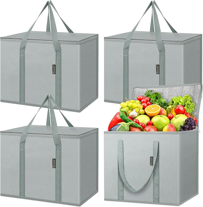 BALEINE 4Pk Insulated Reusable Grocery Bags, Collapsible Cooler Bag for Groceries, Heavy Duty Large Insulated Bag (16''x9''x13'', Urban Gray) by BALEINE