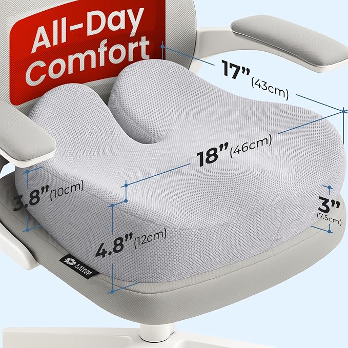 5 STARS UNITED Seat Cushion - Memory Foam Chair Cushion for Tailbone Pain Relief - Ergonomic Support for Coccyx, Sciatica & Butt - Office, Desk & Gaming Chair, Car Seat, Wheelchair, Light Gray Mesh - Image 2