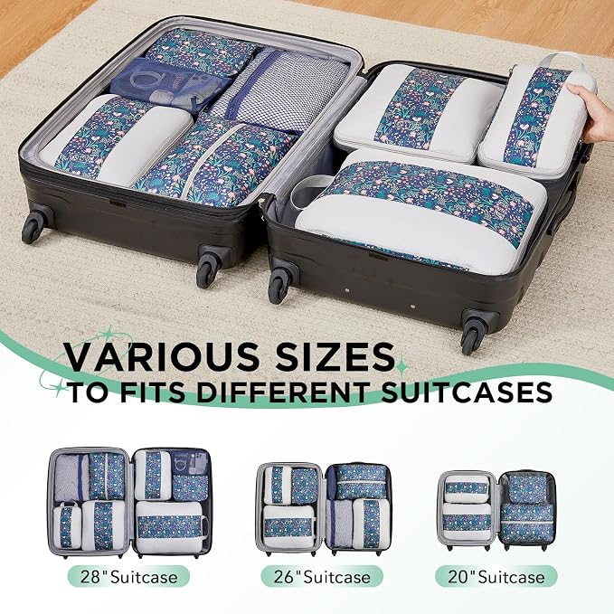 OlarHike 8 Set Compression Packing Cubes for Travel Essentials,Compressible Expandable Space Saver Bags for Organizing Clothes,Luggage Garment Bags with Over 1000 pcs Mesh Holes(Dark Blue Floral) - Image 8