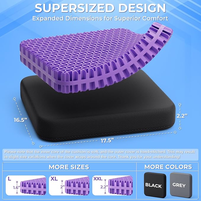 TushGuard Gel Seat Cushion for Long Sitting, Breathable Thick Patent Design | Enlarged Cooling Chair Pad for Office Chair, Wheelchair, Desk Chair, Supportive Car Cushion (2.2"Thinck, Black+Violet) - Image 3