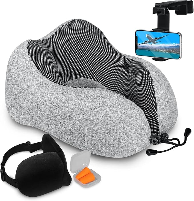 Homeify Airplane Neck Pillow Includes Travel Pillow + Airplane Phone Holder Mount + Eye Masks + Earplugs for Travel, 100% Pure Memory Foam Travel Pillow, 4 Pc Travel Kit, 2 Pack by Homeify