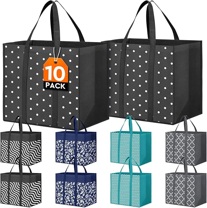 10 Pack Reusable Grocery Bags Waterproof Tote Bags for Shopping Groceries | 35L Large Capacity, Heavy-Duty, Waterproof, Lightweight, Foldable Tote with Sturdy Handles, Polka Dot Design by Fabtotes