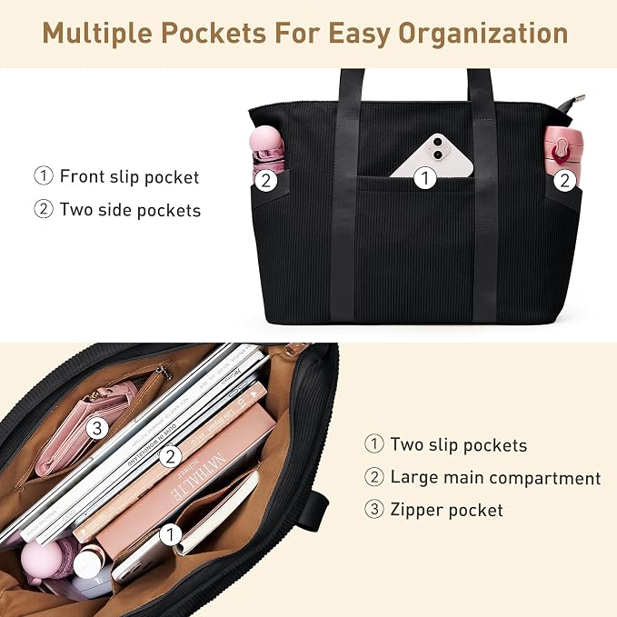 Tote Bag for Women, Casual Hobo Handbags with Compartments | Water Repellent Corduroy Large Capacity Fits 15.6" Laptop Zipper Closure for Travel Work School - Image 8