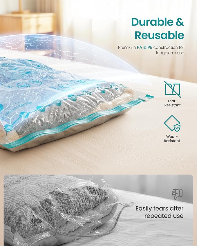 SONGMICS Vacuum Storage Bags, Rechargeable Portable Electric Pump, Space Saver Vacuum Seal Suction Bags for Clothing Travel Bedding Comforters, Reusable, 9 Pack, 3M/3L/3J, Transparent ULVB202W101 - Image 6