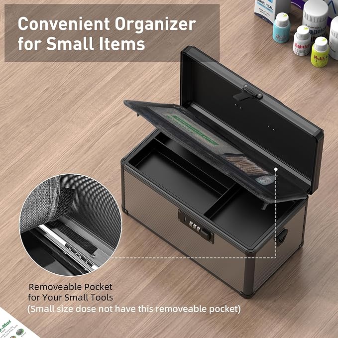 Medicine Lock Box with Code, Locking Medicine Box with Removable Tray & Pocket Bag, Portable First Aid Box for Home&Travel, 14 * 8.85 * 7.5 Inch (Black) - Image 6