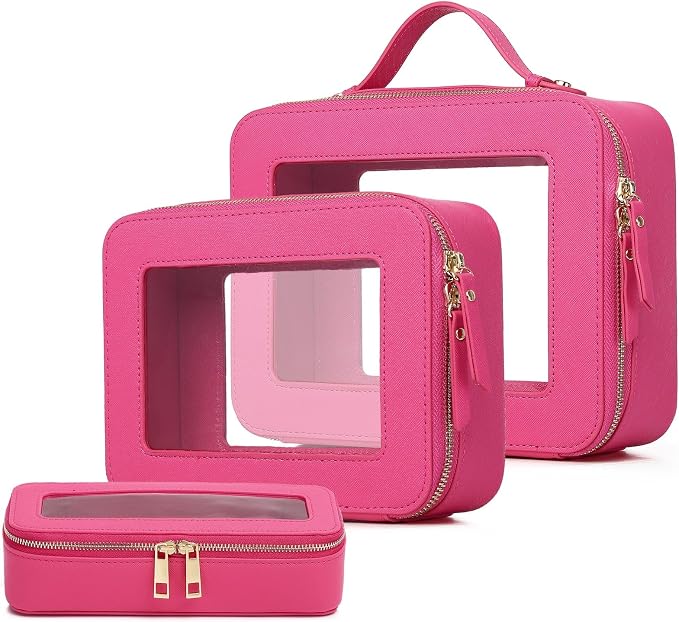 Pinkmik Clear Makeup Bag, (Fuxia, L+M+SLIM) | 3pcs, With Brush Bag, Waterproof Travel Case, For Cosmetics and Toiletries, With Zipper by Pinkmik
