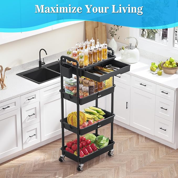 SUNALLY 4 Tier Rolling Cart with Drawer, Craft Storage Cart Organizer,Black | Bathroom Storage Organizer with 2 Lockable Wheels, Rolling Utility Cart for Kitchen, Office, Baby, Makeup, Nail,Snack,Laundry - Image 6