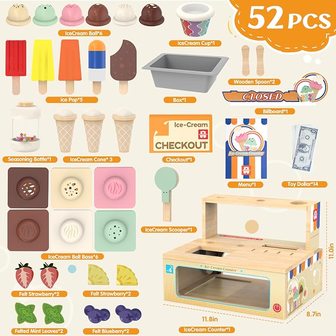 WOODMAM Foldable Wooden Ice Cream Toy, Pretend Play Food Store for Kids | Ice Cream Counter with Storage, 52 Pcs Kitchen Playset Fake Money & Menu, Birthday Gift for 3 4 5 6 Year Old Girls Boys - Image 2