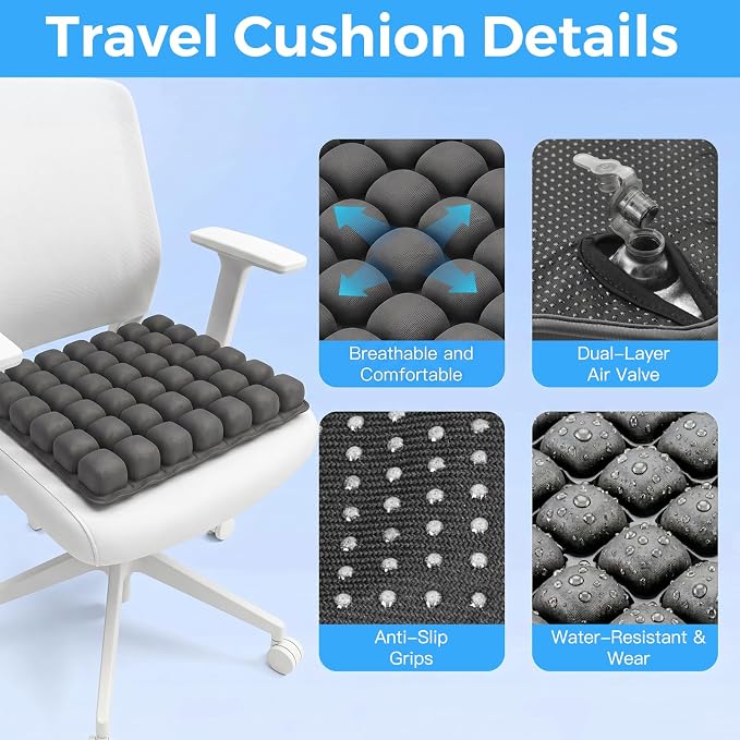 Sondour 42 Airbags Inflatable Travel Seat Cushion Airplane for Long Flight | Portable Airplane Gadgets Seat Cushions with Air Pump, Wheelchair Cushions,Pressure Relief Seat Cushion-1 Grey - Image 5